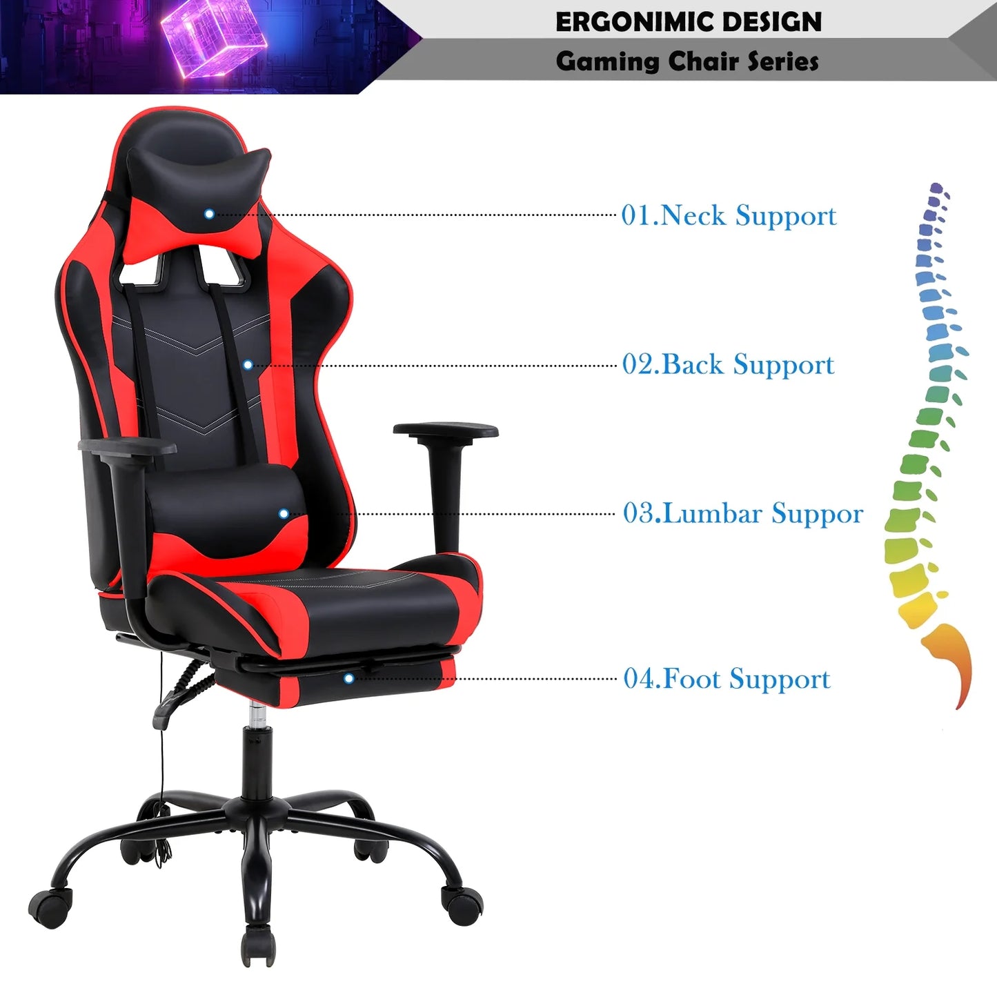 Silla Gaming Reclinable con Reposapiés – Soporte Lumbar y Cervical, Diseño Ergonómico Racing