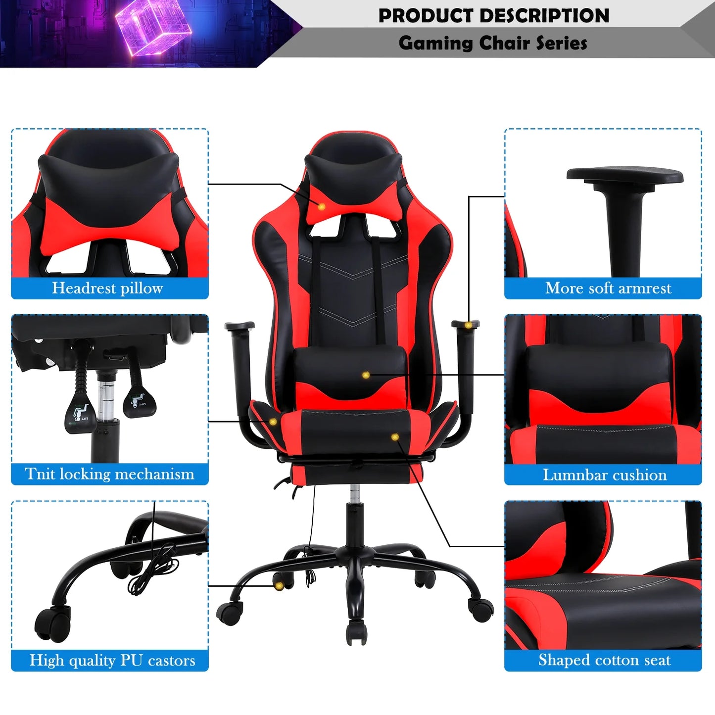 Silla Gaming Reclinable con Reposapiés – Soporte Lumbar y Cervical, Diseño Ergonómico Racing