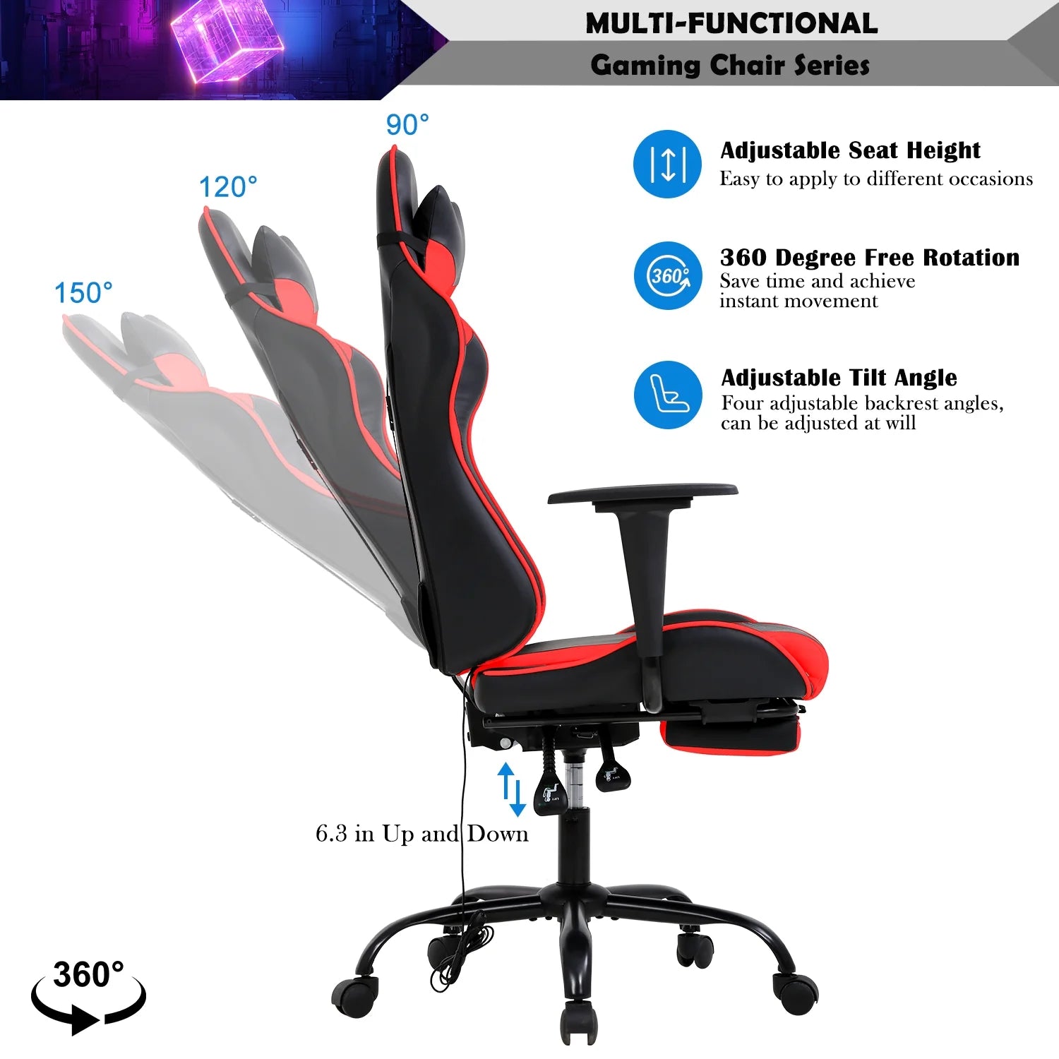 Silla Gaming Reclinable con Reposapiés – Soporte Lumbar y Cervical, Diseño Ergonómico Racing