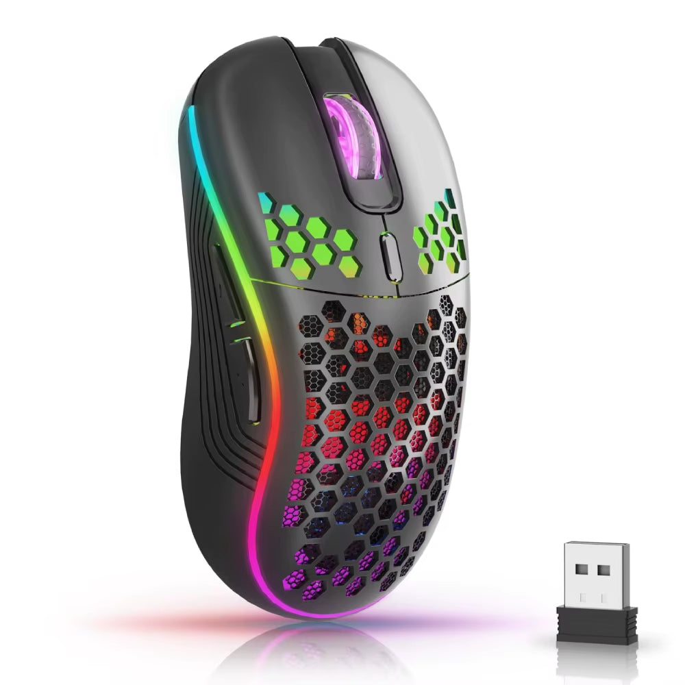 Ratón Gaming Inalámbrico RGB Recargable Type-C 6 Botones – Diseño Honeycomb Ligero