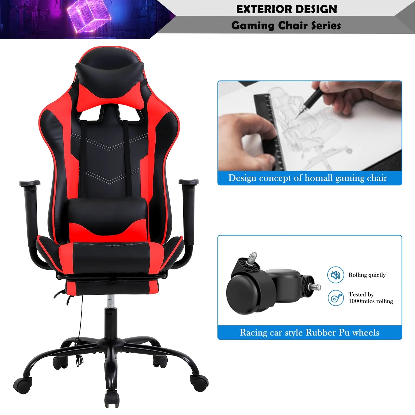 Silla Gaming Reclinable con Reposapiés – Soporte Lumbar y Cervical, Diseño Ergonómico Racing